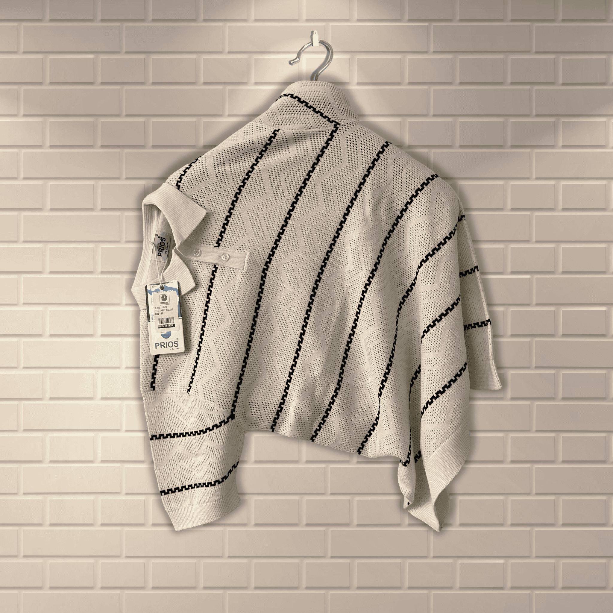 Men’s Knitted Polo Shirt – Textured Knit with Vertical Stripes