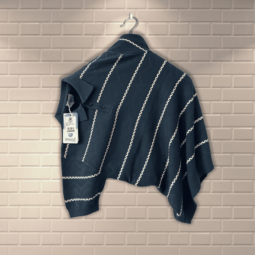 Men’s Knitted Polo Shirt – Textured Knit with Vertical Stripes