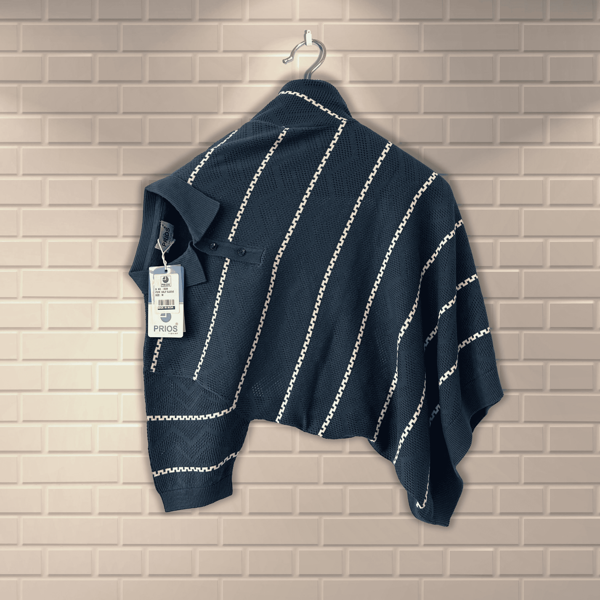 Men’s Knitted Polo Shirt – Textured Knit with Vertical Stripes