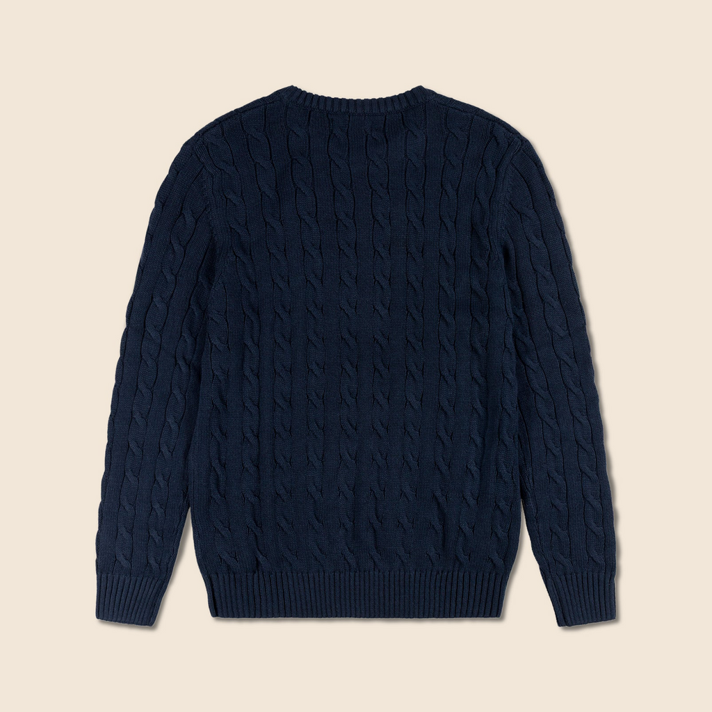 Premium Round Neck Cable-Knit Woolen Cotton Sweater | Navy-Blue