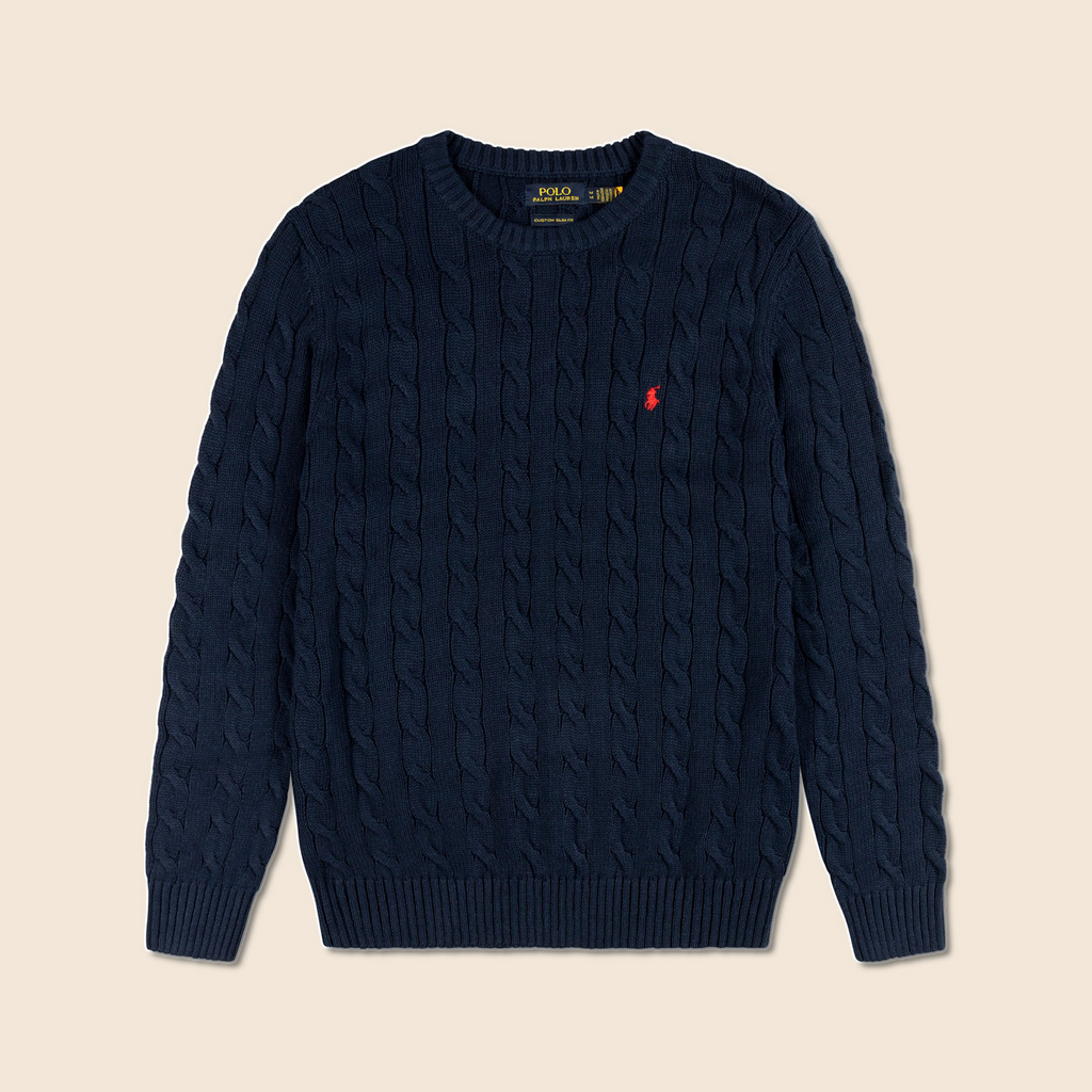 Premium Round Neck Cable-Knit Woolen Cotton Sweater | Navy-Blue