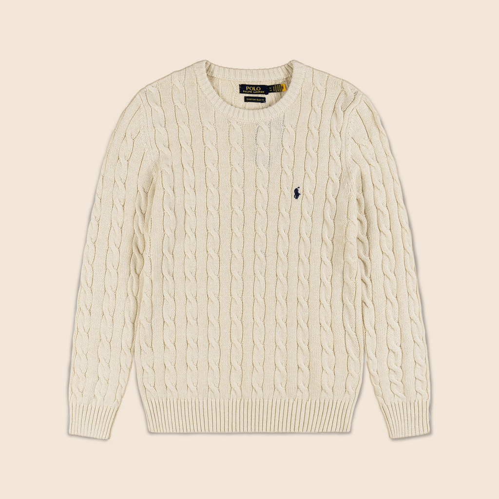 Premium Round Neck Cable-Knit Woolen Cotton Sweater | Cream